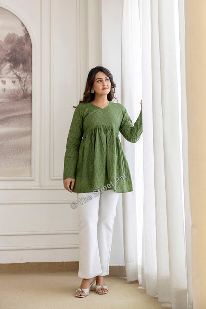 Hand Block Cotton Short Kurti – Olive Green Buti Print