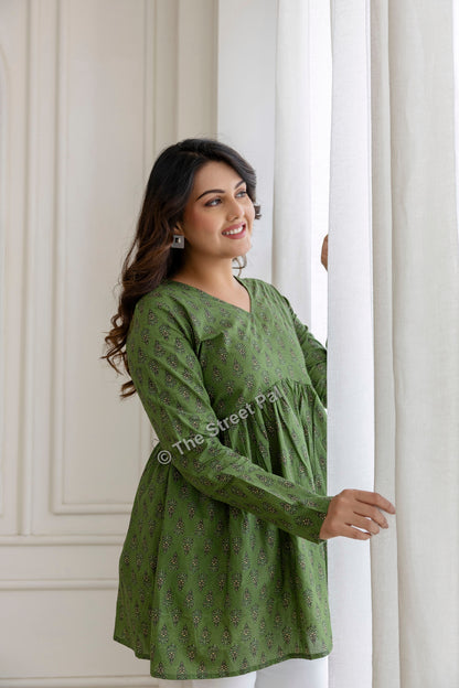 Hand Block Cotton Short Kurti – Olive Green Buti Print