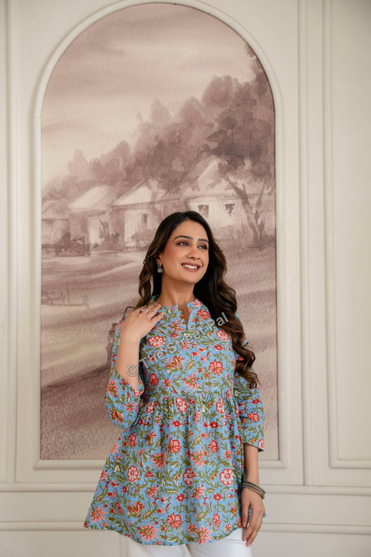 Floral Hand Block Cotton Short Kurti – Sky Blue Garden Print