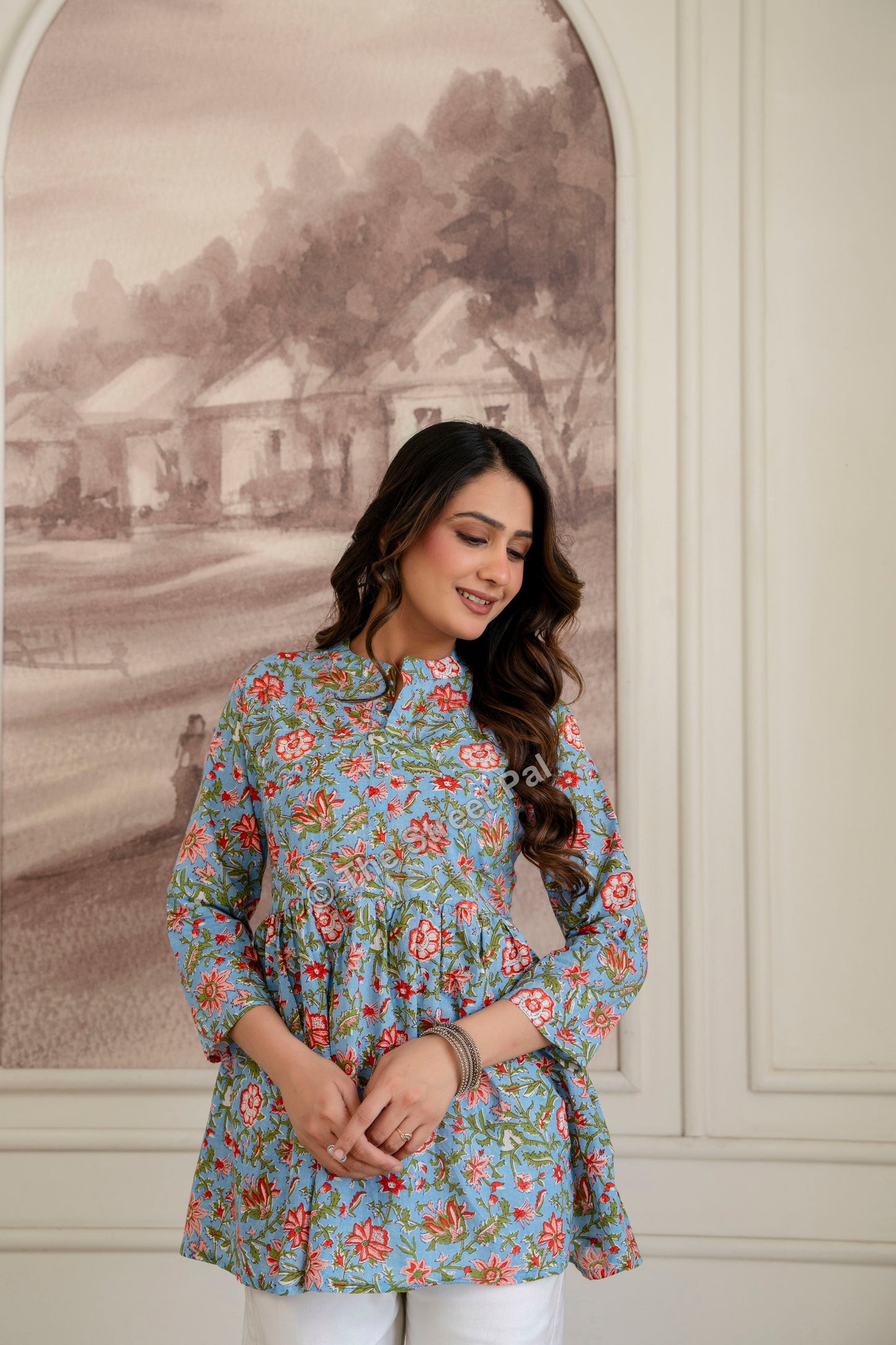Floral Hand Block Cotton Short Kurti – Sky Blue Garden Print