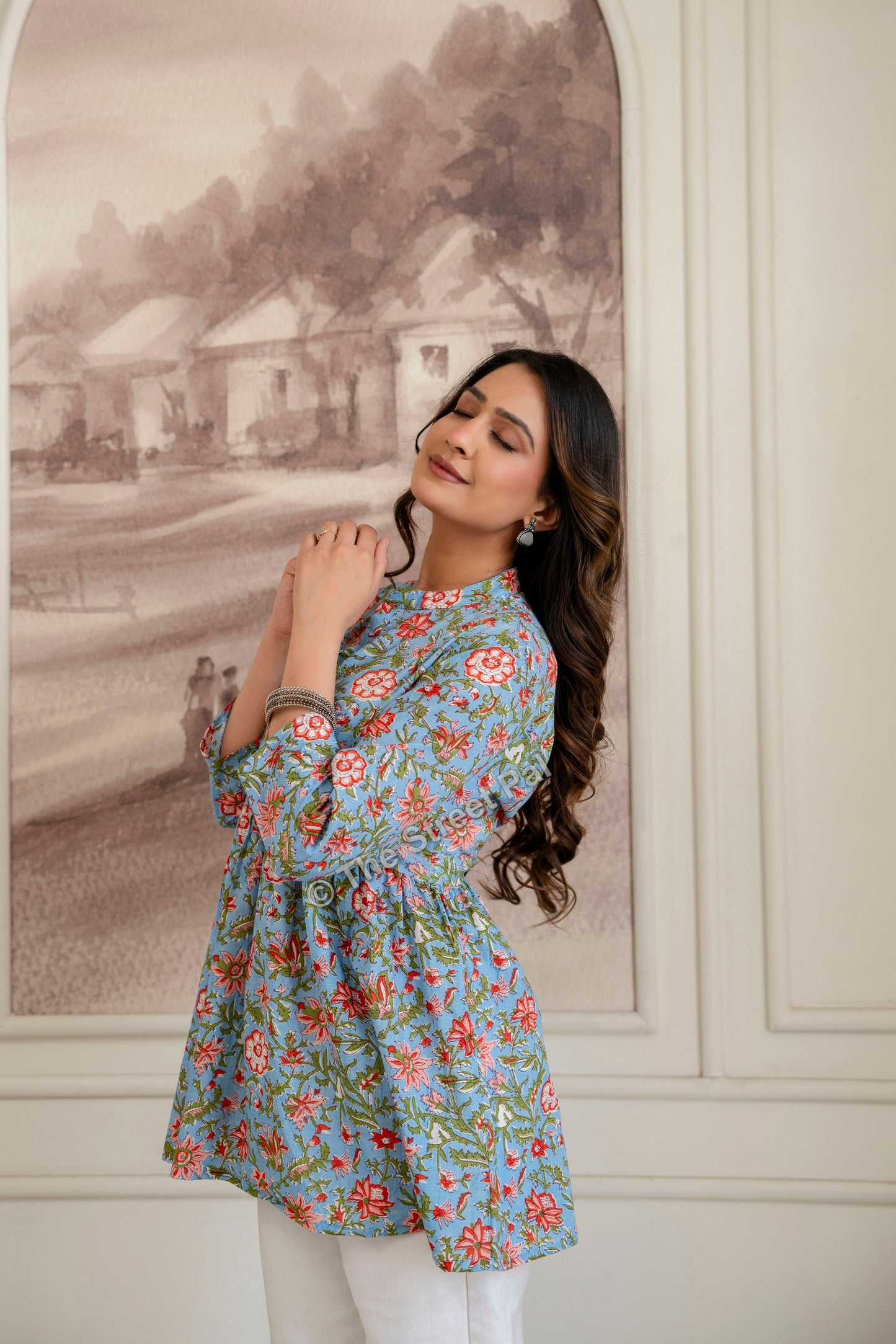 Floral Hand Block Cotton Short Kurti – Sky Blue Garden Print