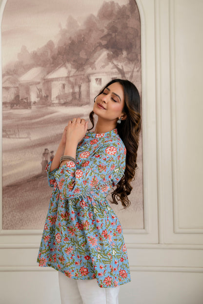 Floral Hand Block Cotton Short Kurti – Sky Blue Garden Print