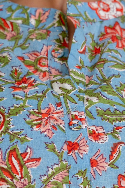 Floral Hand Block Cotton Short Kurti – Sky Blue Garden Print