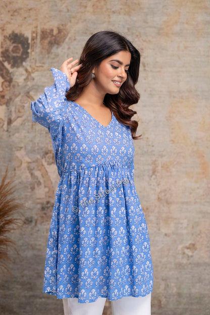 Floral Hand Block Cotton Short Kurti – Sky Blue