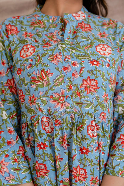 Floral Hand Block Cotton Short Kurti – Sky Blue Garden Print
