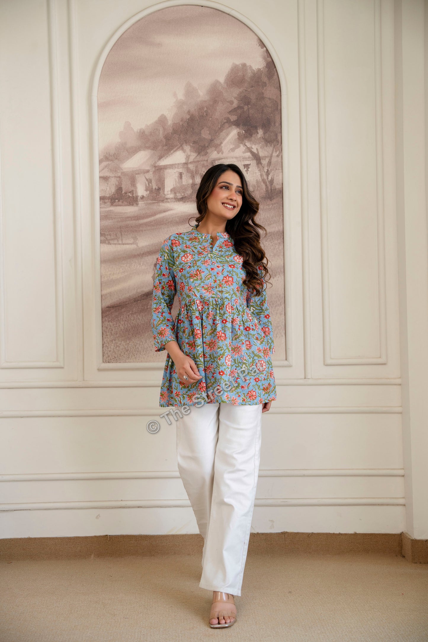 Floral Hand Block Cotton Short Kurti – Sky Blue Garden Print