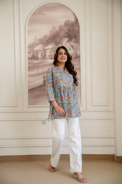 Floral Hand Block Cotton Short Kurti – Sky Blue Garden Print