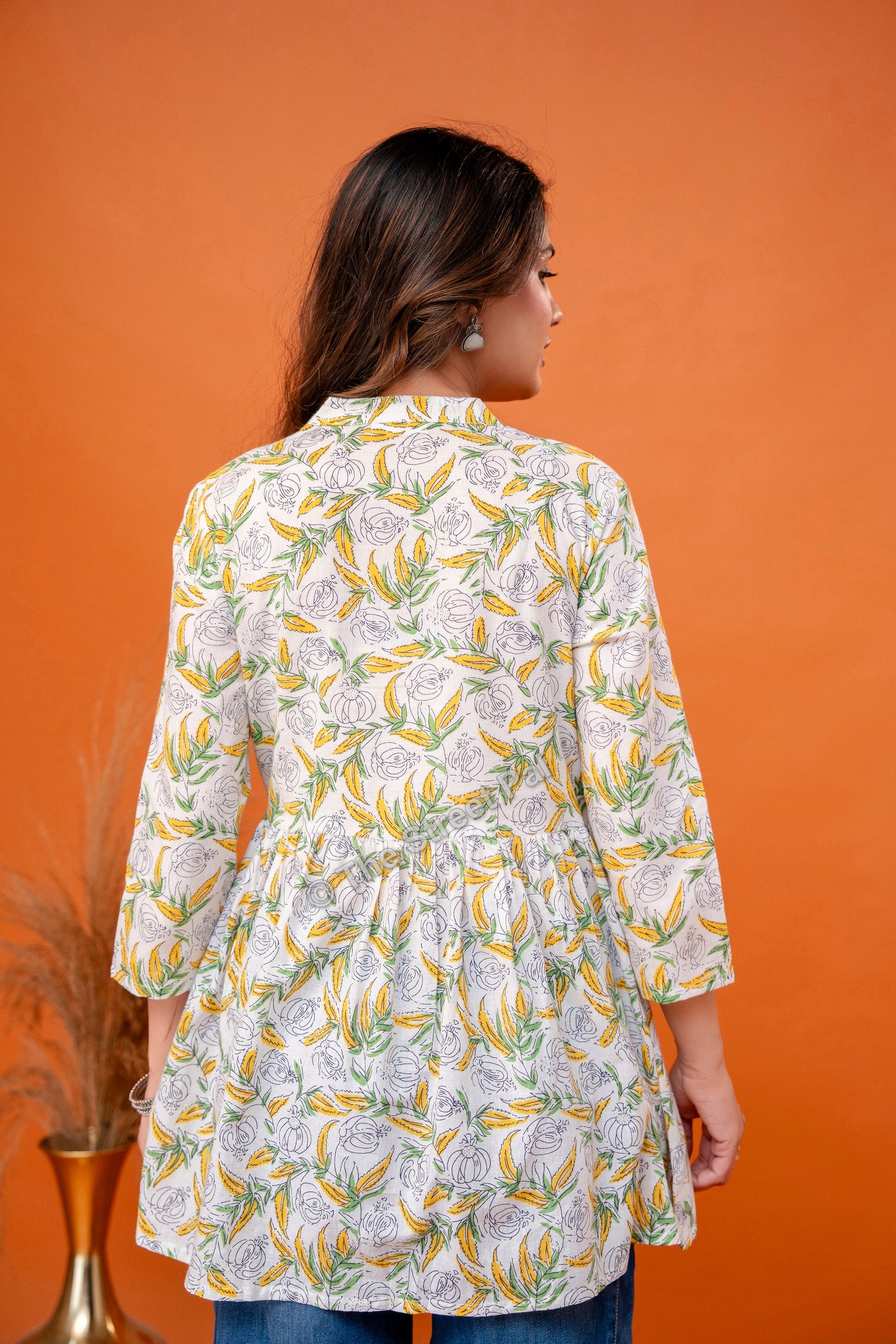 Floral Hand Block Cotton Short Kurti – Ivory Yellow Leaf Print