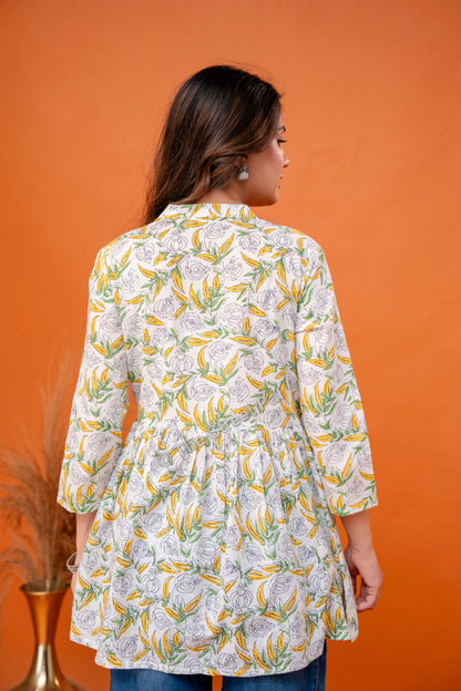 Floral Hand Block Cotton Short Kurti – Ivory Yellow Leaf Print