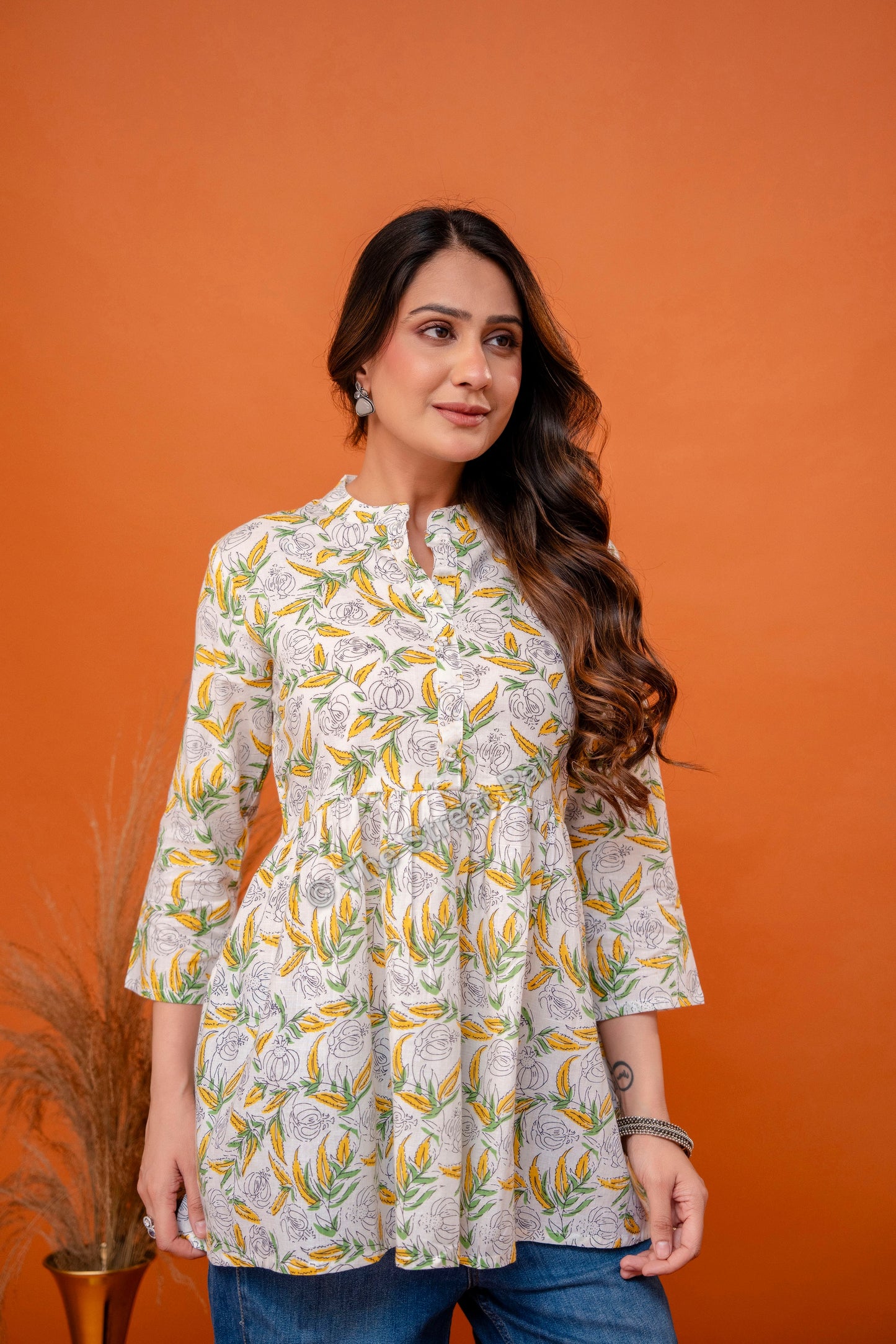 Floral Hand Block Cotton Short Kurti – Ivory Yellow Leaf Print