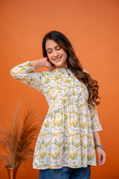 Floral Hand Block Cotton Short Kurti – Ivory Yellow Leaf Print