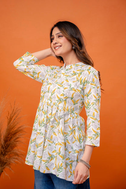 Floral Hand Block Cotton Short Kurti – Ivory Yellow Leaf Print