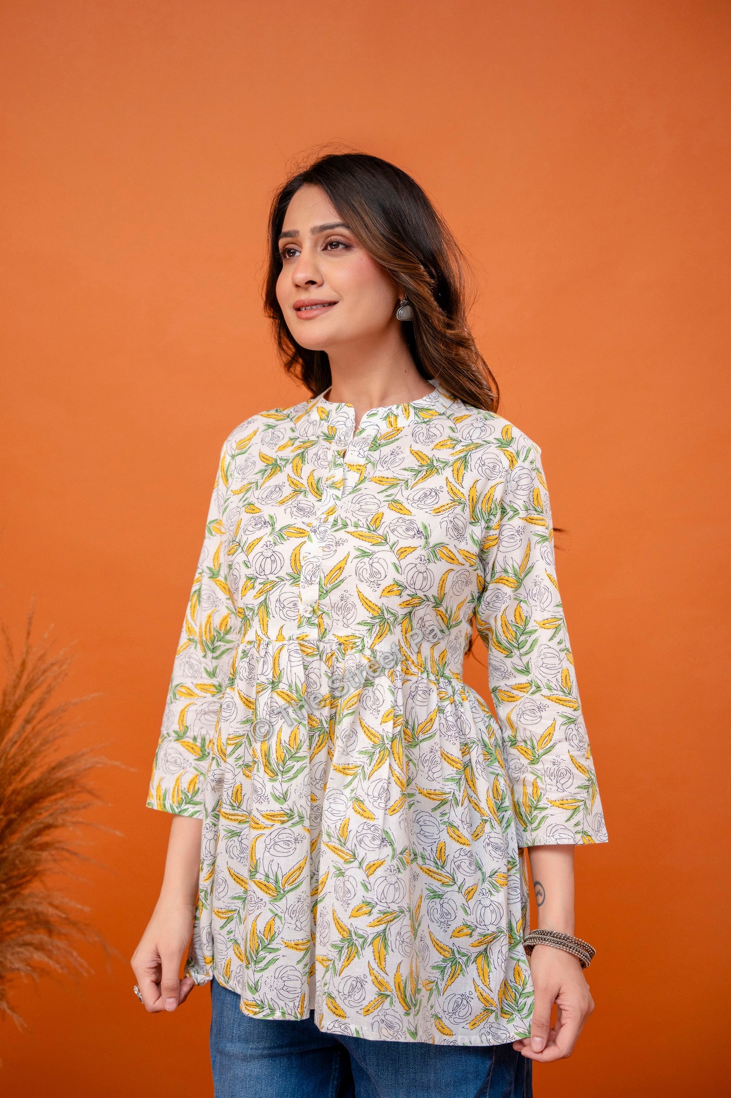 Floral Hand Block Cotton Short Kurti – Ivory Yellow Leaf Print