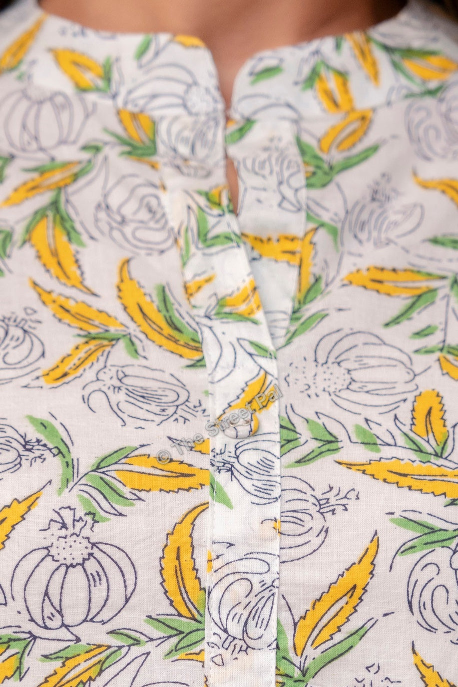 Floral Hand Block Cotton Short Kurti – Ivory Yellow Leaf Print