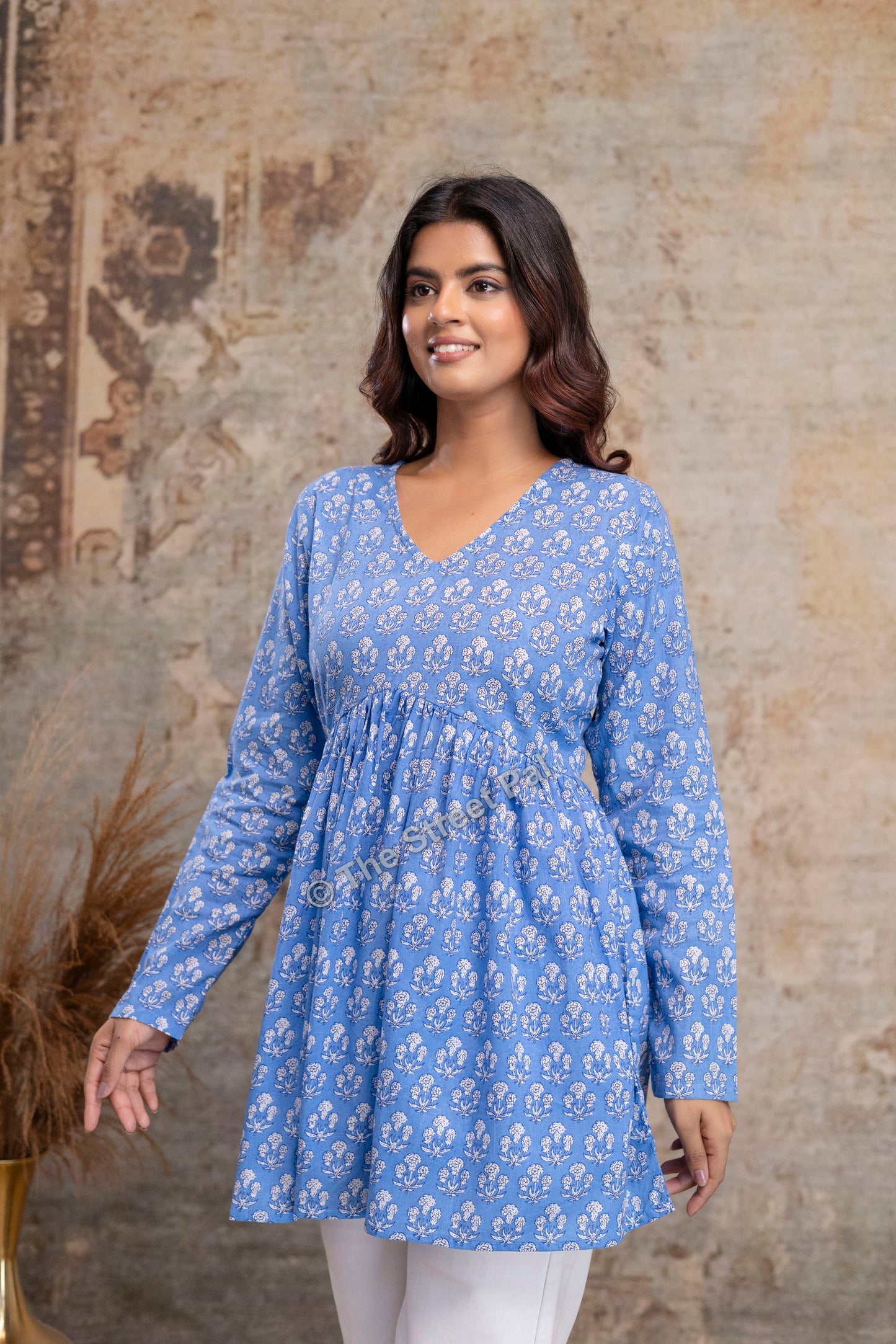 Floral Hand Block Cotton Short Kurti – Sky Blue