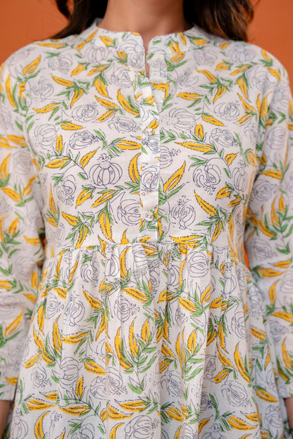 Floral Hand Block Cotton Short Kurti – Ivory Yellow Leaf Print