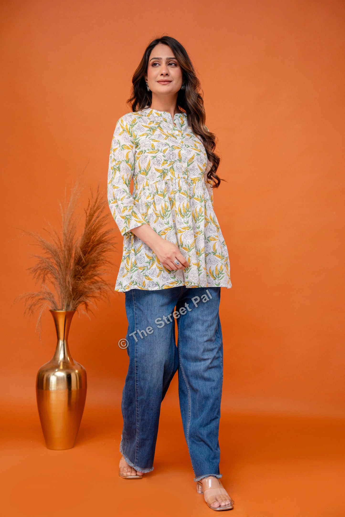 Floral Hand Block Cotton Short Kurti – Ivory Yellow Leaf Print