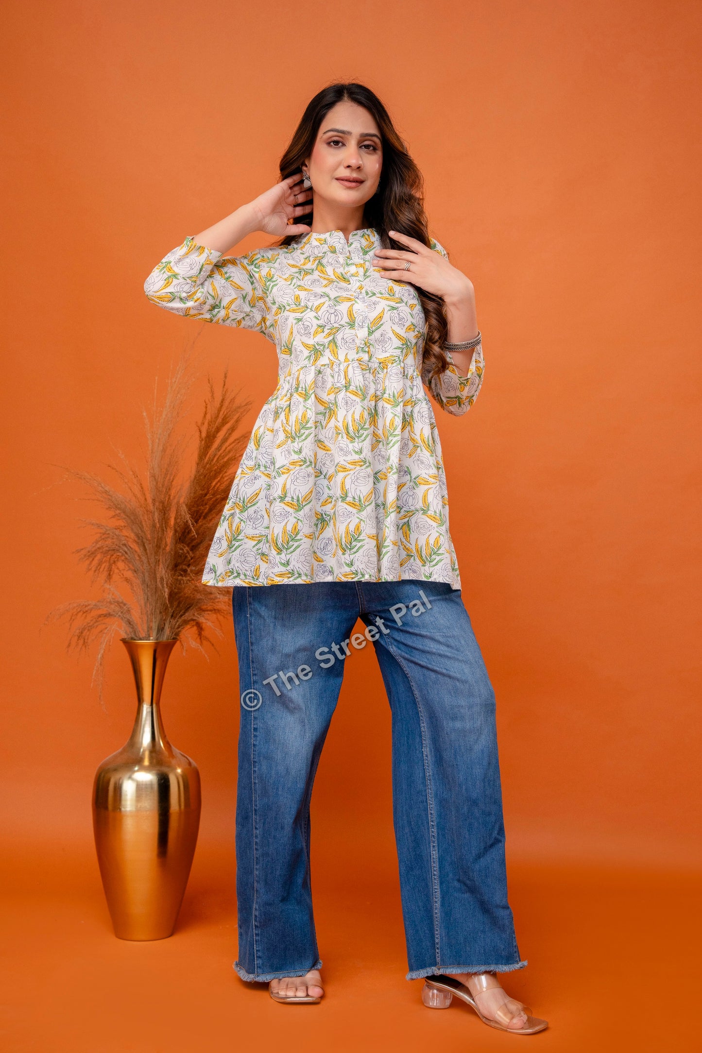 Floral Hand Block Cotton Short Kurti – Ivory Yellow Leaf Print