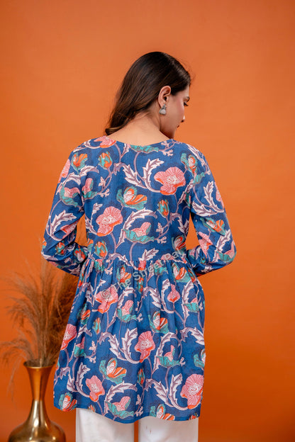 Floral Hand Block Cotton Short Kurti – Indigo Blue Multi