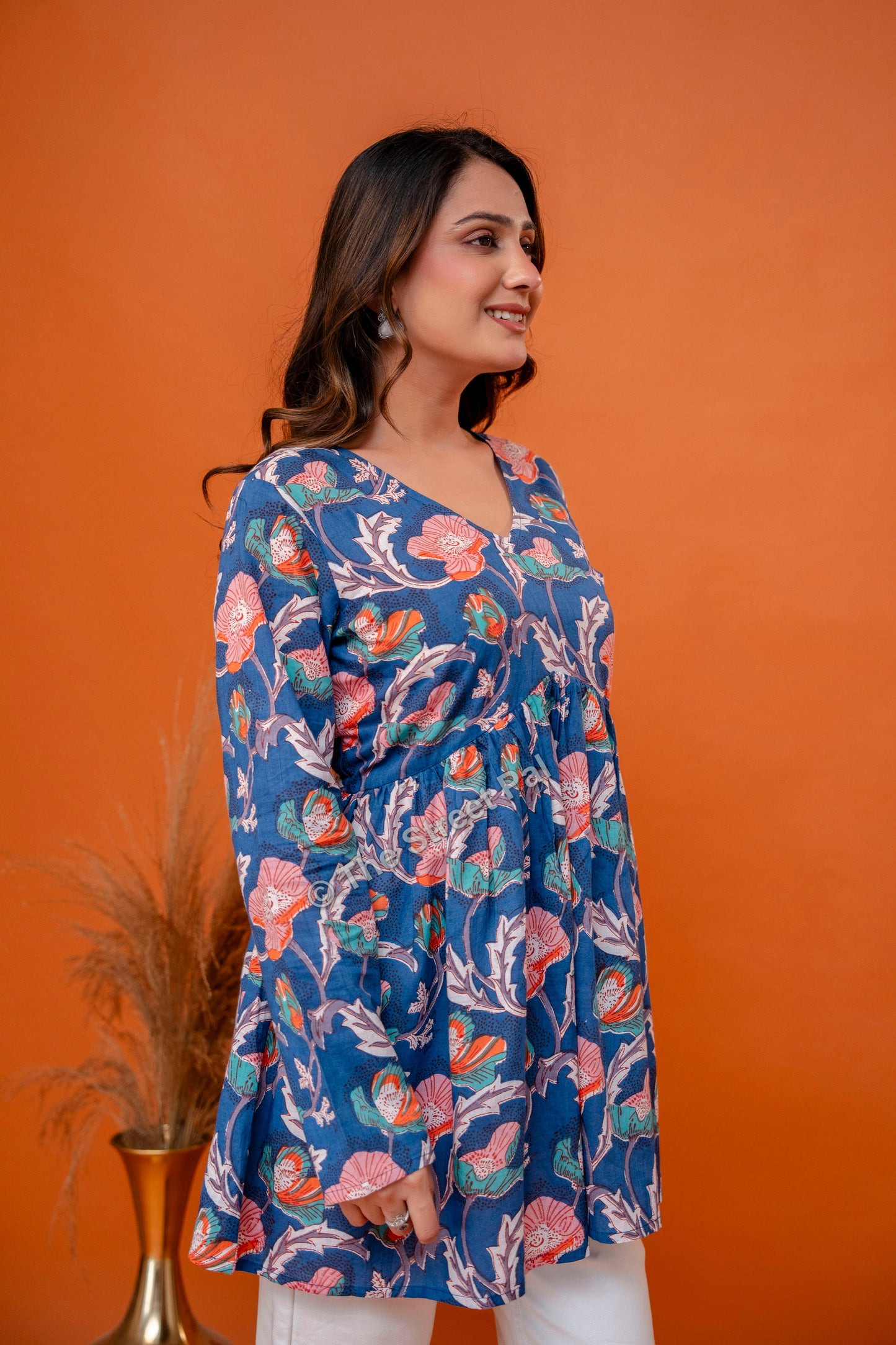Floral Hand Block Cotton Short Kurti – Indigo Blue Multi