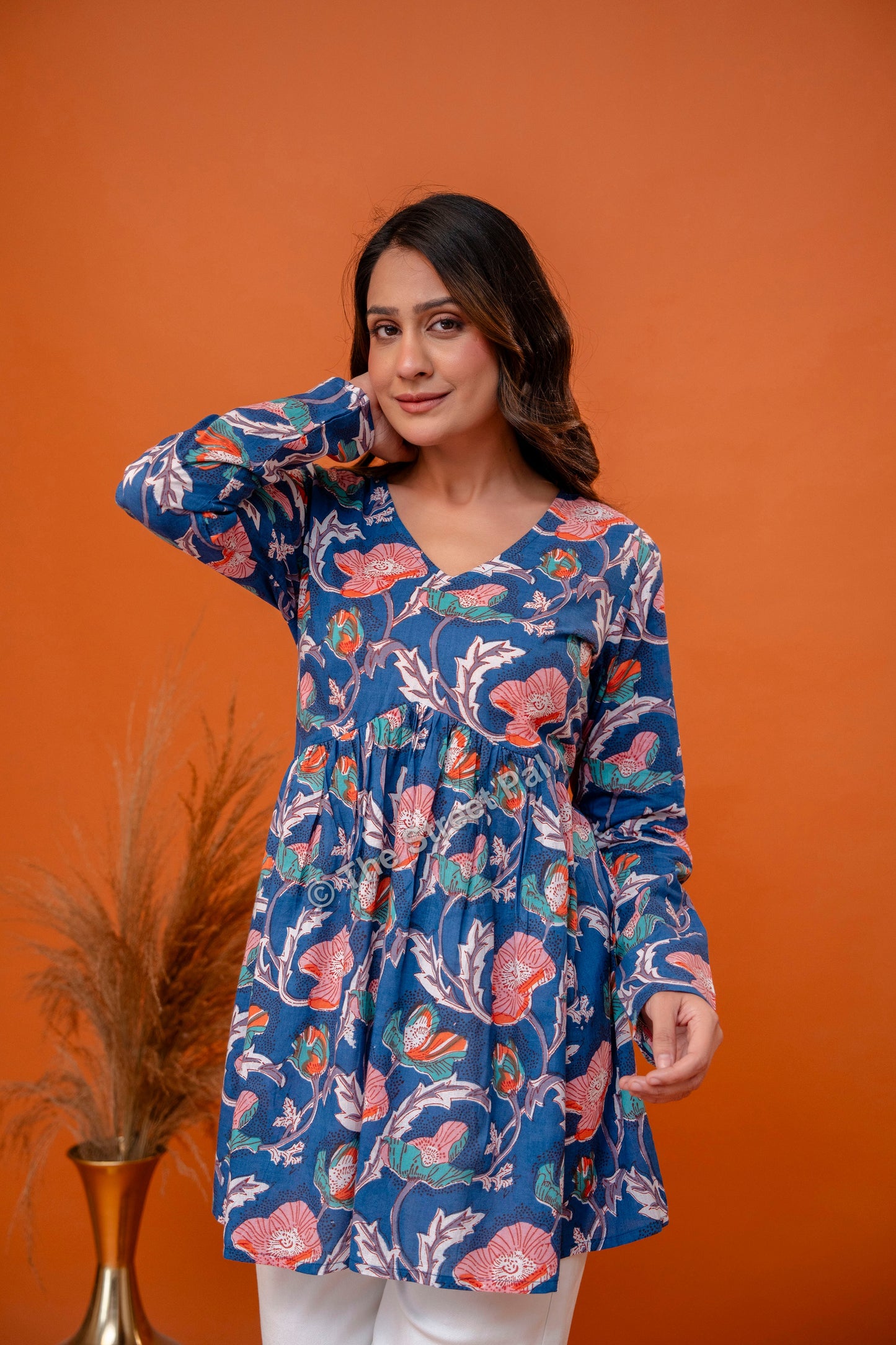 Floral Hand Block Cotton Short Kurti – Indigo Blue Multi