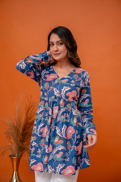 Floral Hand Block Cotton Short Kurti – Indigo Blue Multi