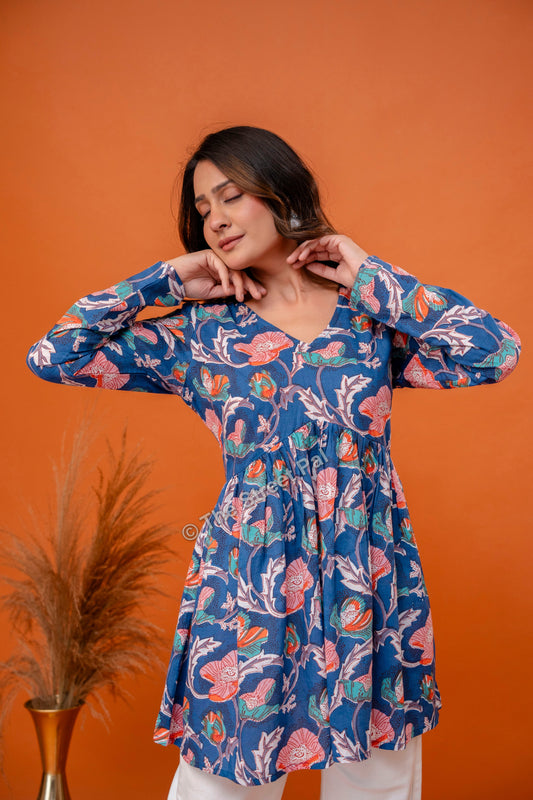 Floral Hand Block Cotton Short Kurti – Indigo Blue Multi