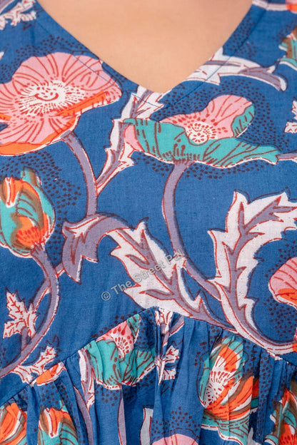 Floral Hand Block Cotton Short Kurti – Indigo Blue Multi