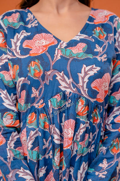 Floral Hand Block Cotton Short Kurti – Indigo Blue Multi