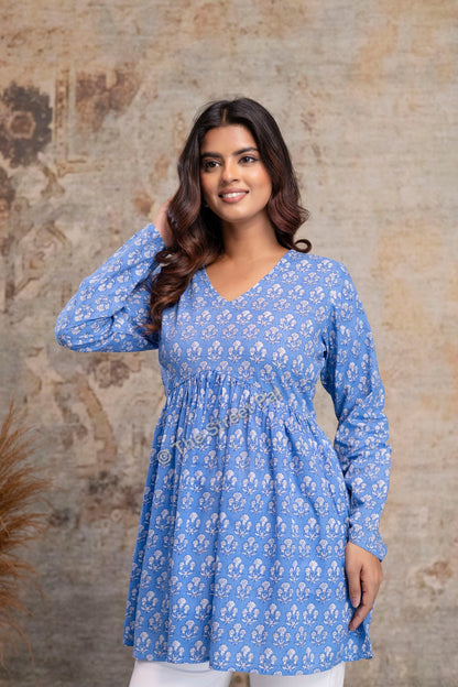 Floral Hand Block Cotton Short Kurti – Sky Blue