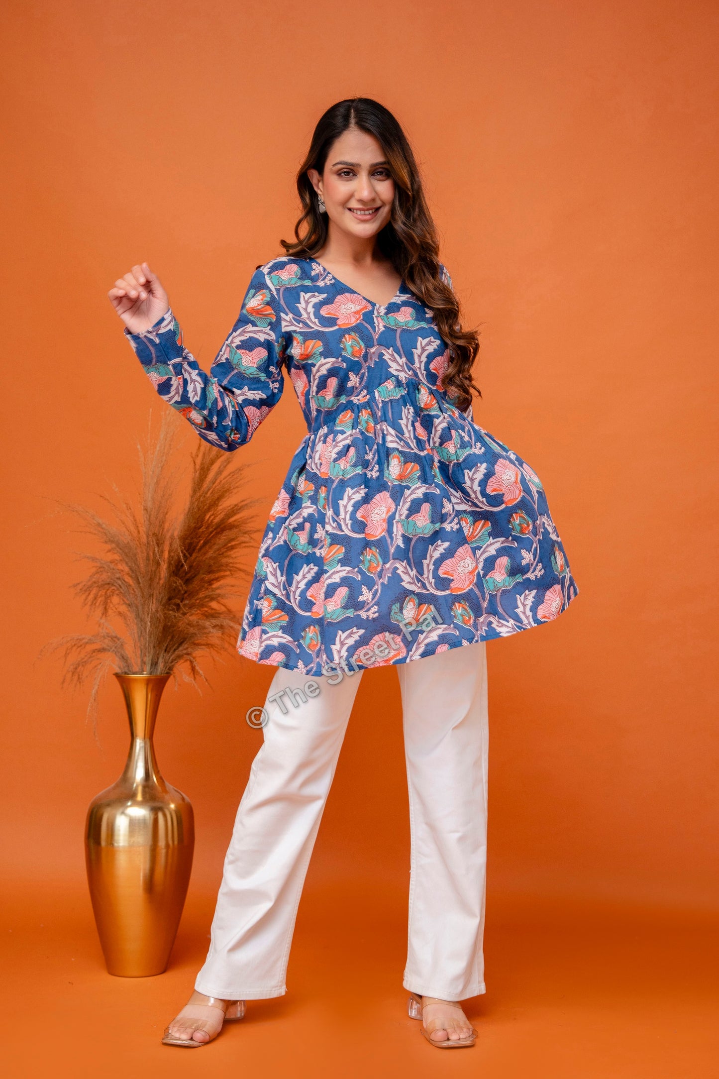 Floral Hand Block Cotton Short Kurti – Indigo Blue Multi