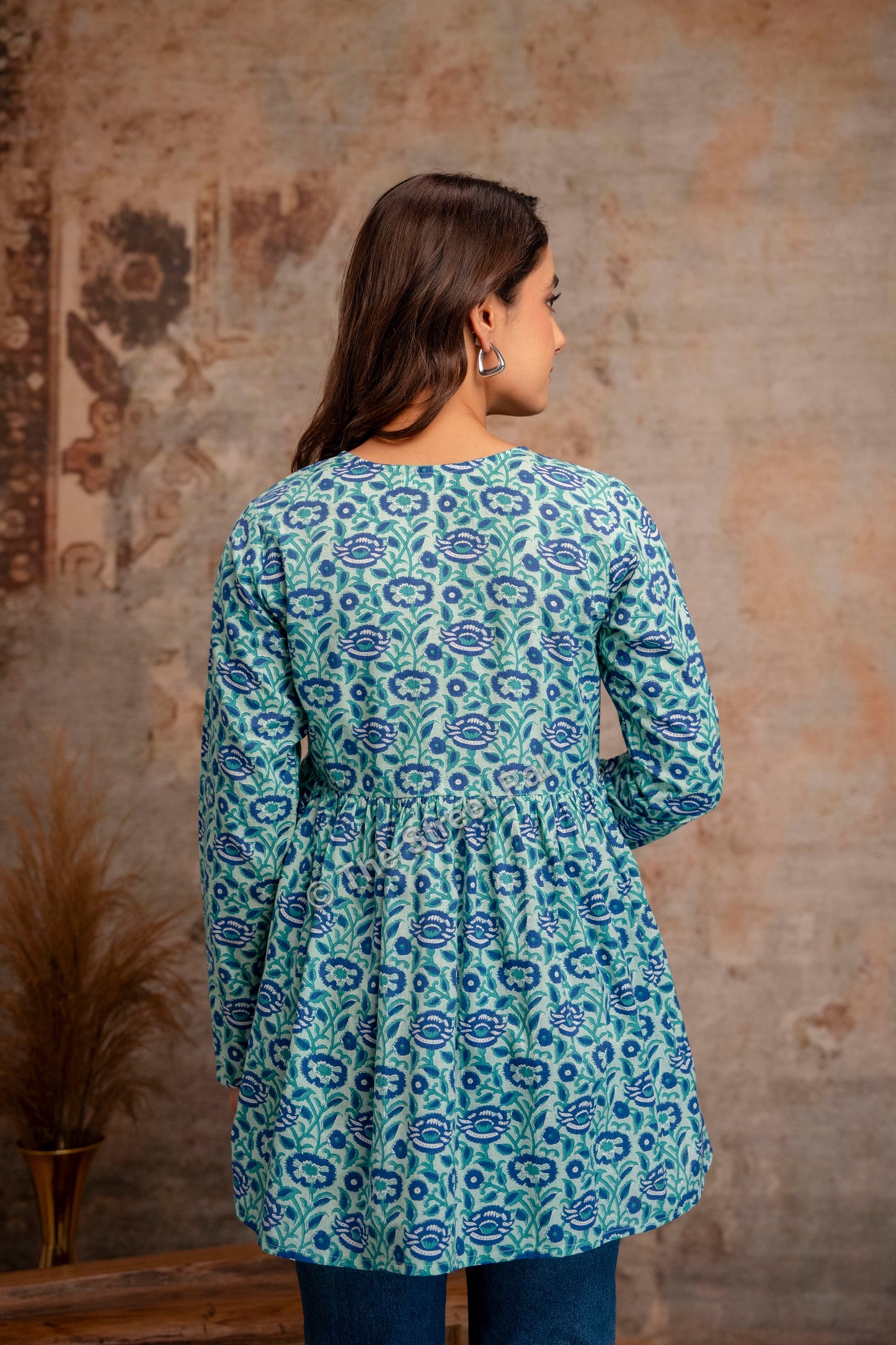 Floral Hand Block Cotton Short Kurti – Teal Blue