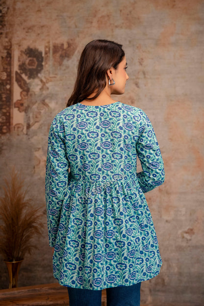 Floral Hand Block Cotton Short Kurti – Teal Blue
