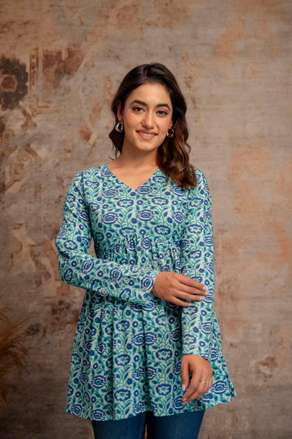 Floral Hand Block Cotton Short Kurti – Teal Blue