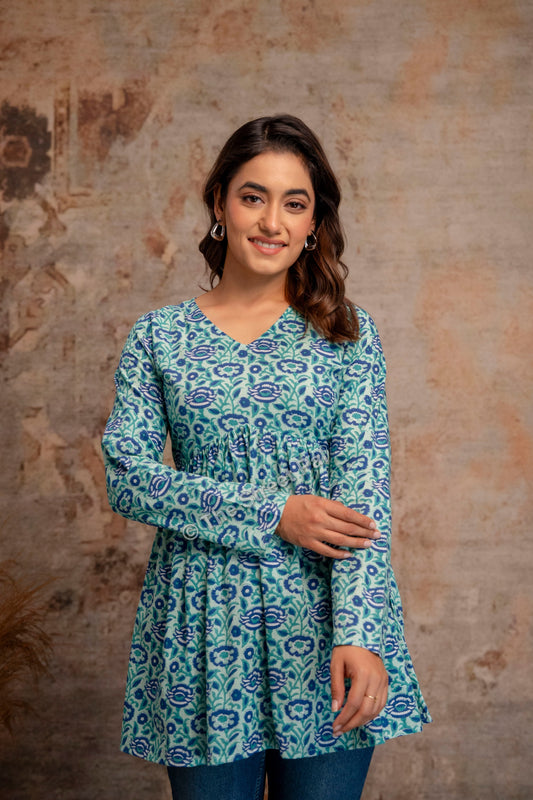 Floral Hand Block Cotton Short Kurti – Teal Blue