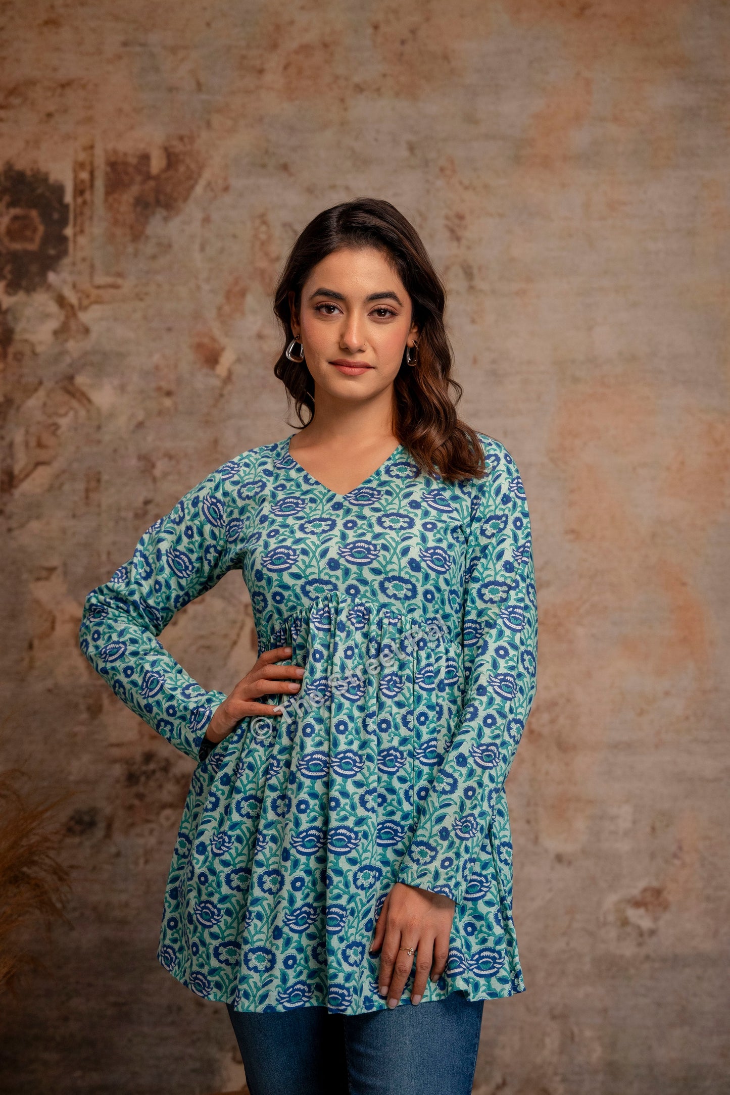 Floral Hand Block Cotton Short Kurti – Teal Blue
