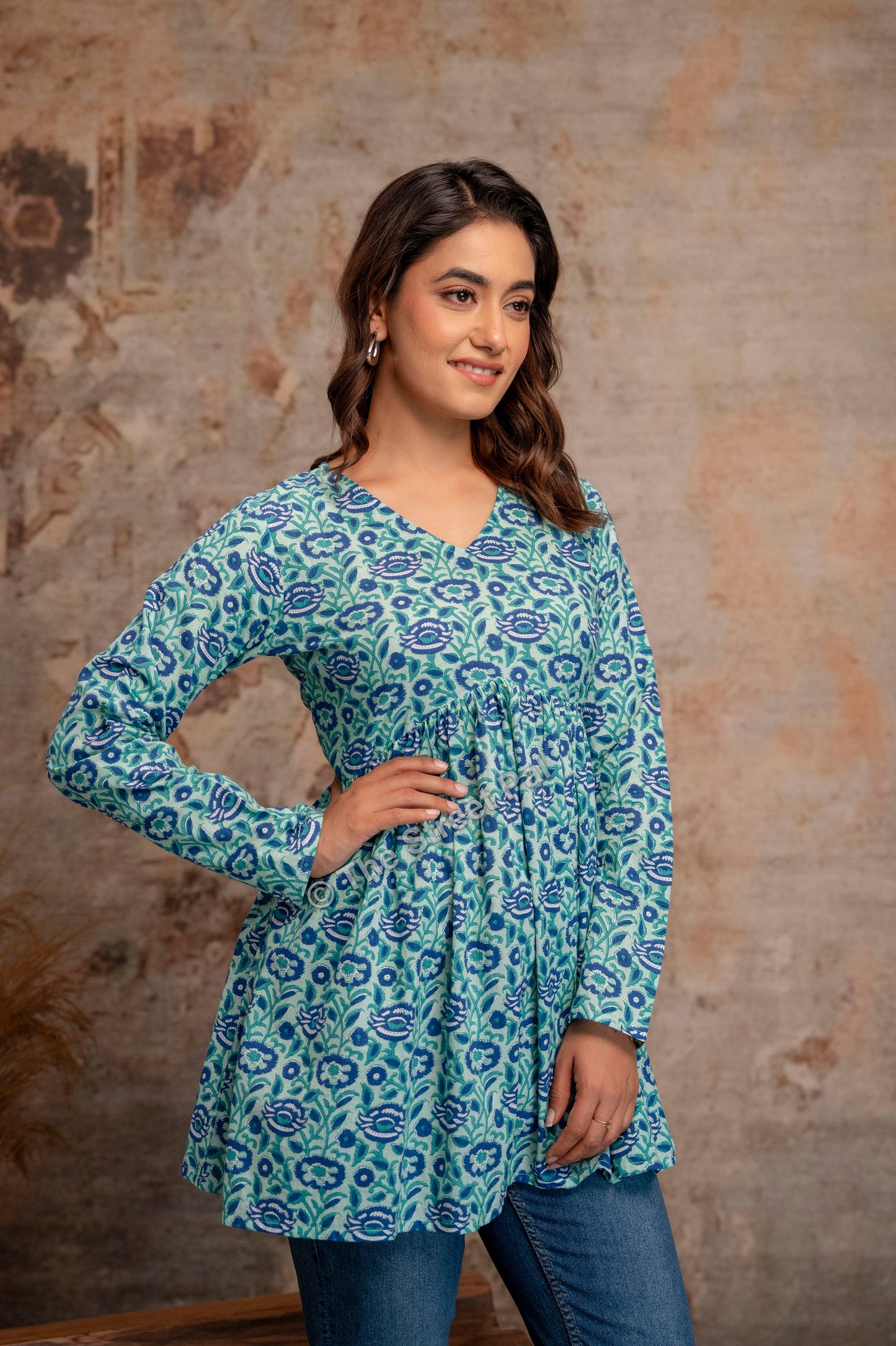 Floral Hand Block Cotton Short Kurti – Teal Blue