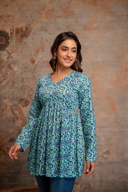 Floral Hand Block Cotton Short Kurti – Teal Blue