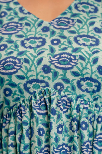Floral Hand Block Cotton Short Kurti – Teal Blue