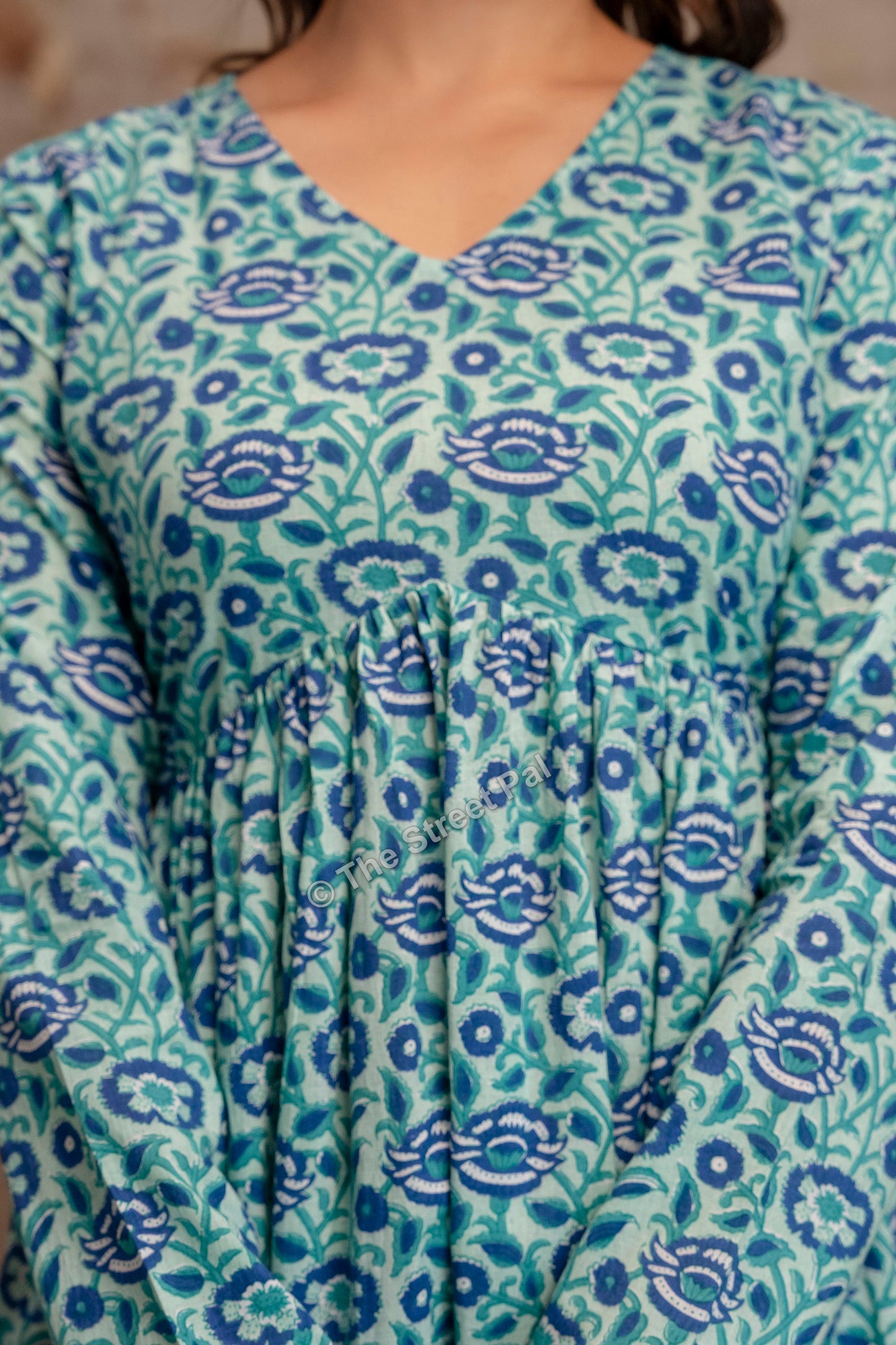 Floral Hand Block Cotton Short Kurti – Teal Blue