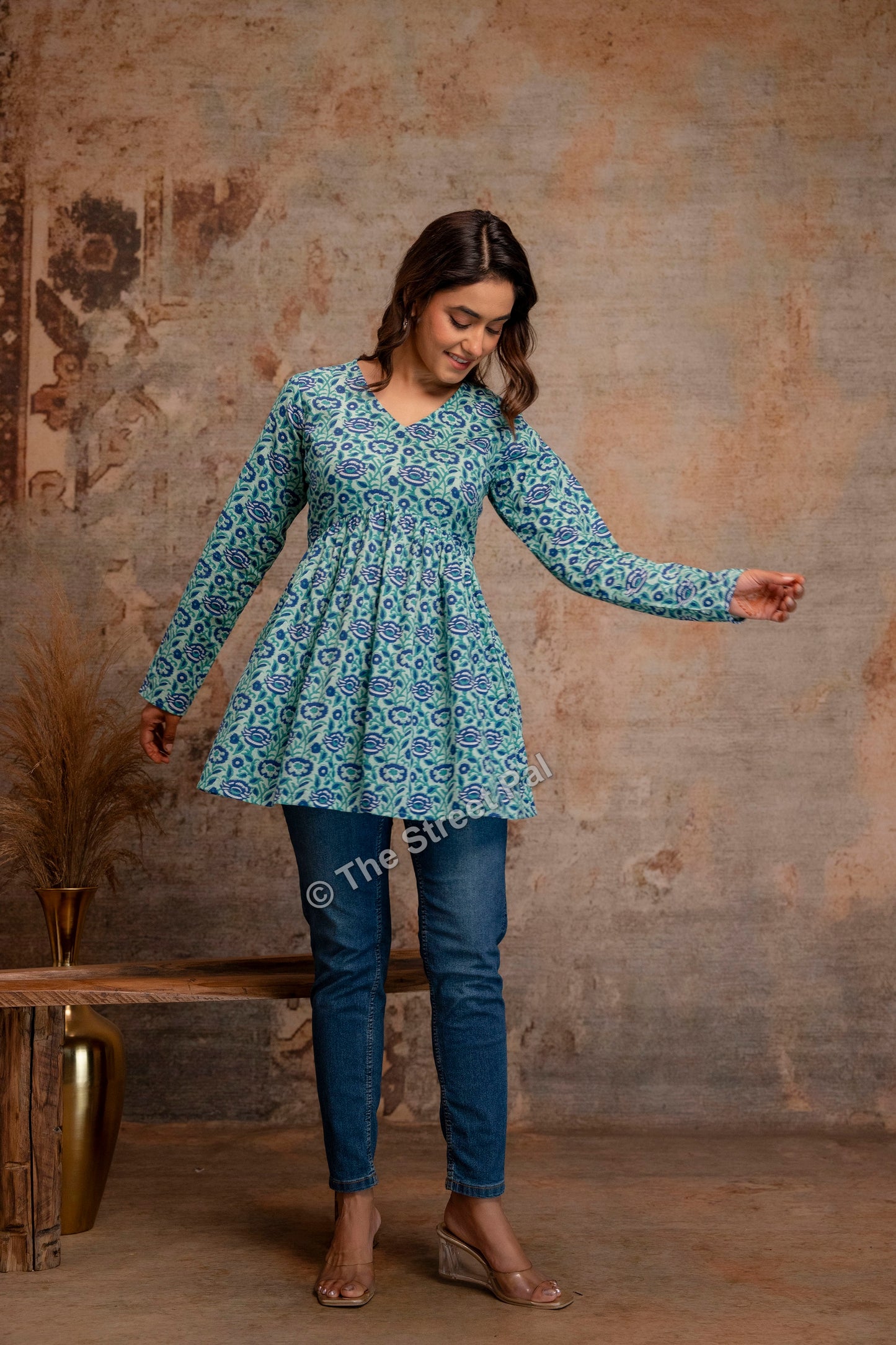 Floral Hand Block Cotton Short Kurti – Teal Blue