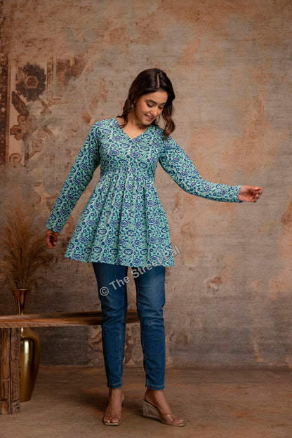 Floral Hand Block Cotton Short Kurti – Teal Blue