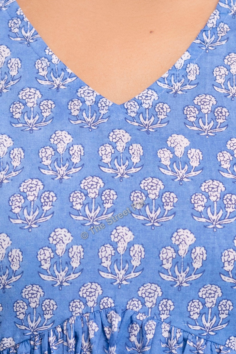 Floral Hand Block Cotton Short Kurti – Sky Blue