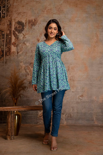Floral Hand Block Cotton Short Kurti – Teal Blue