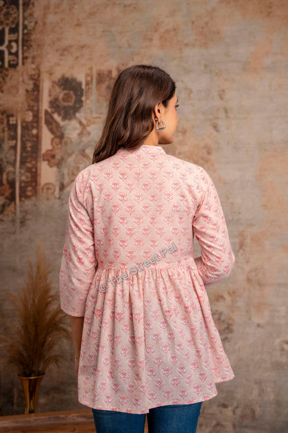 Hand Block Cotton Short Kurti – Blush Pink Buti Print