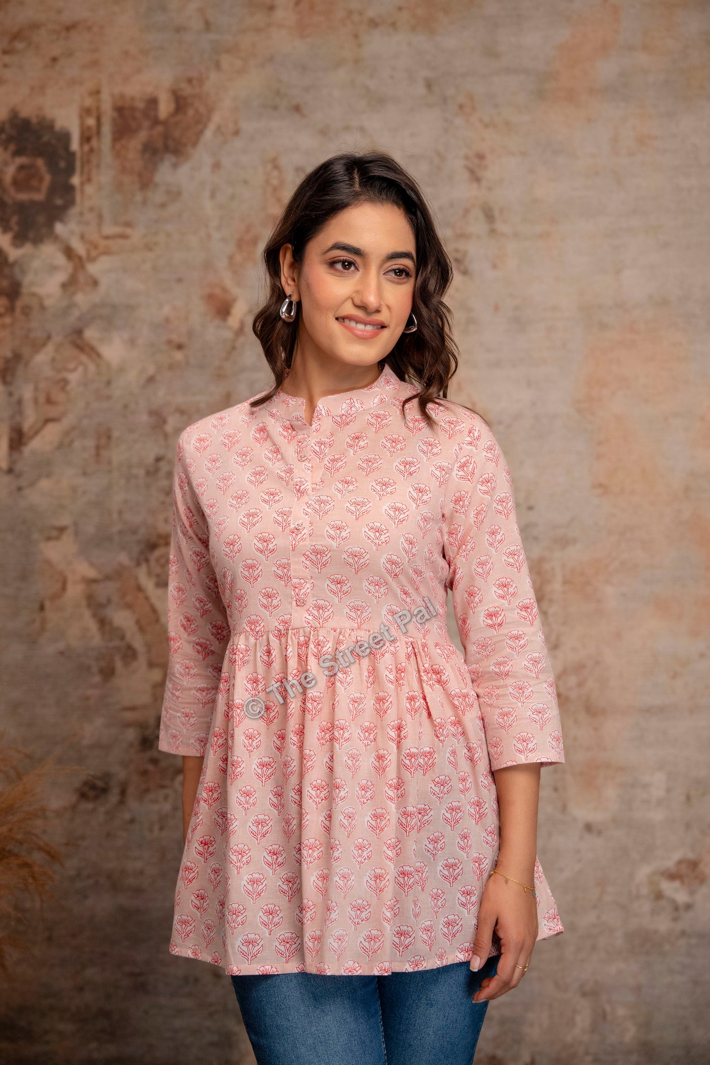 Hand Block Cotton Short Kurti – Blush Pink Buti Print