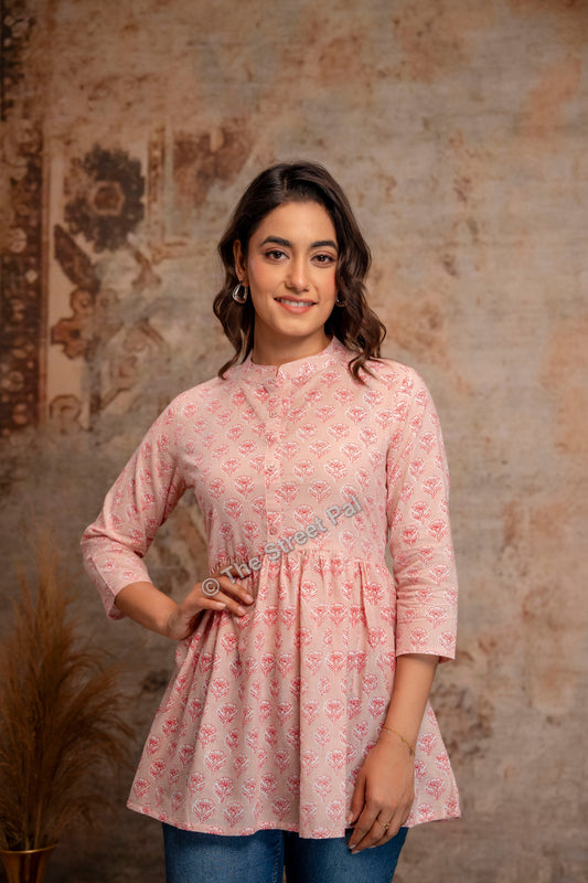 Hand Block Cotton Short Kurti – Blush Pink Buti Print