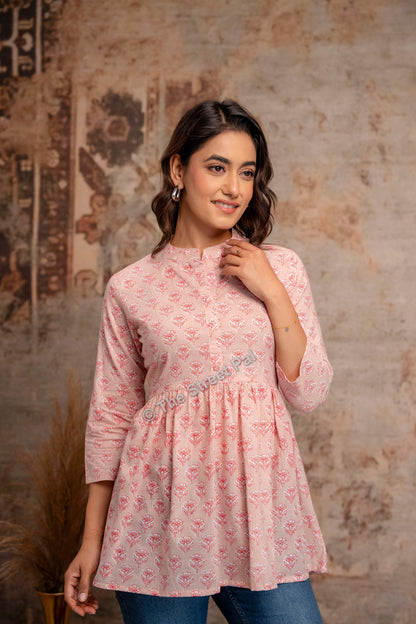 Hand Block Cotton Short Kurti – Blush Pink Buti Print