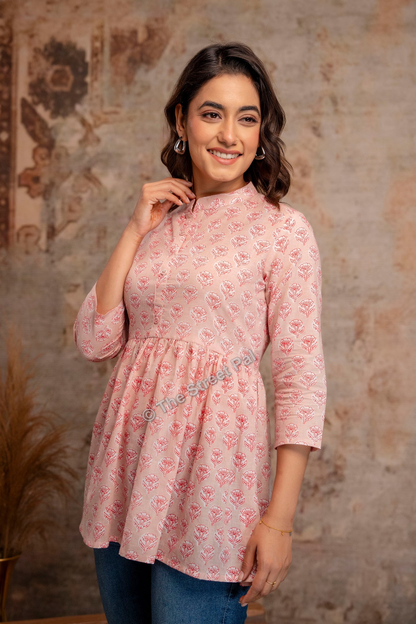 Hand Block Cotton Short Kurti – Blush Pink Buti Print