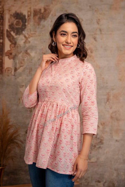 Hand Block Cotton Short Kurti – Blush Pink Buti Print
